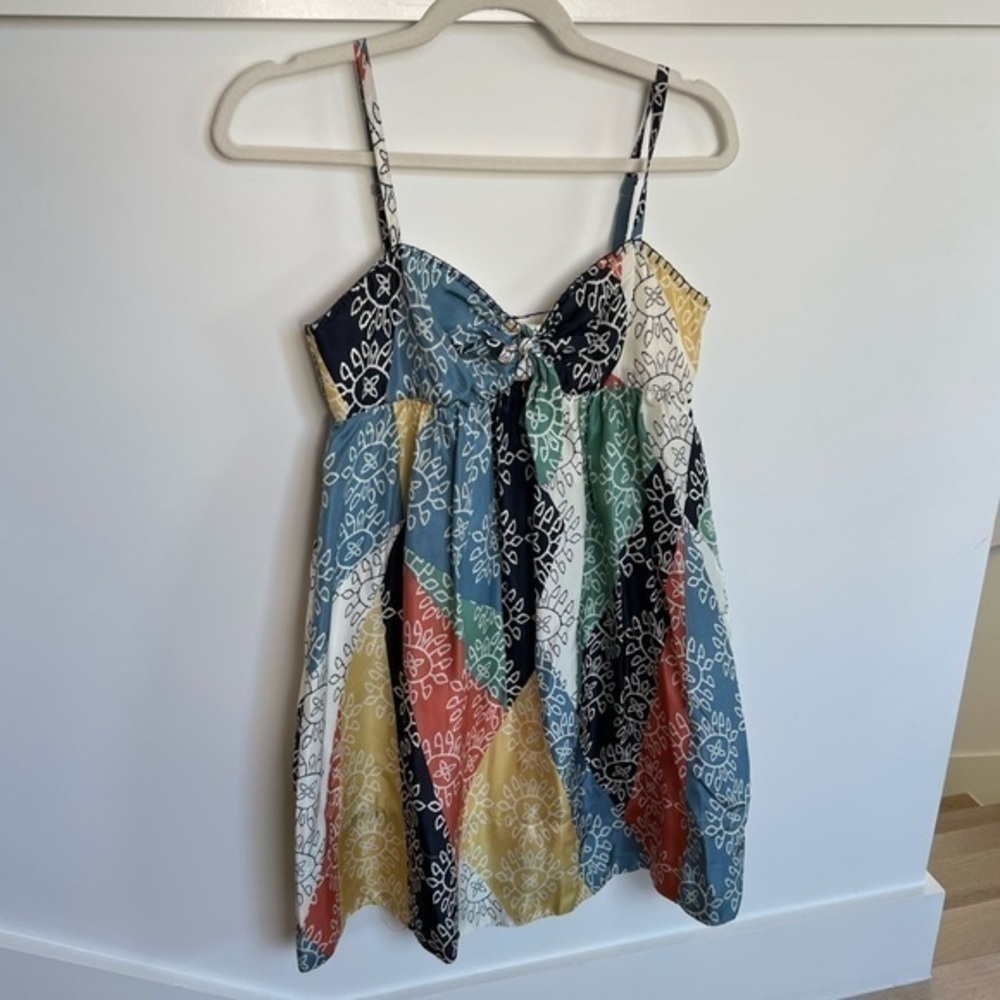 BCBG MAXAZRIA Spaghetti Strap Quilt Patchwork Mini Baby-doll Dress Bow Chest